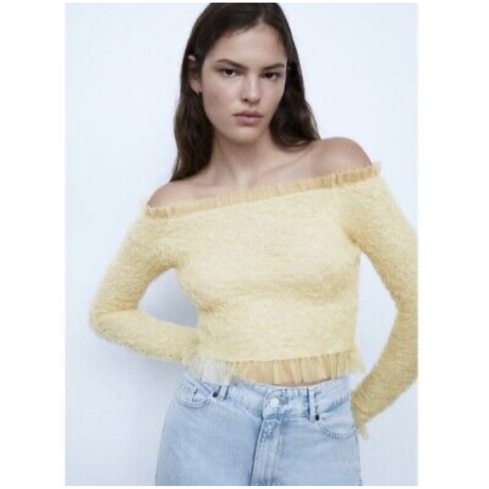 Zara Off Shoulder Ruffle Trim Long Sleeve Textured Butter Yellow Top Size M